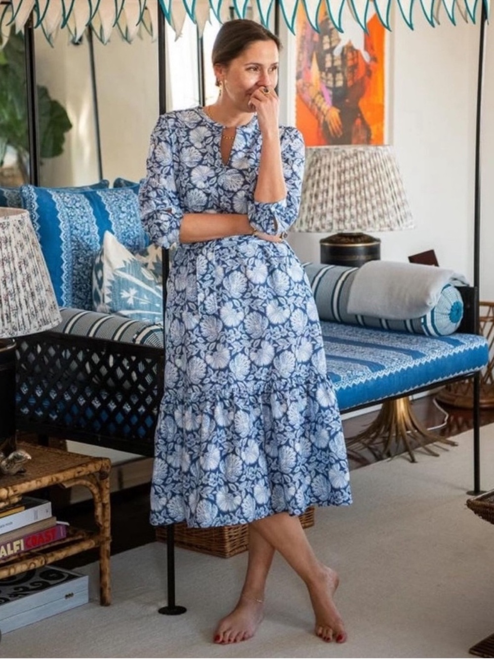 J. McLaughlin Cerina Blue Floral Silk Blend Midi Dress Euro Summer Coastal M - Picture 3 of 12
